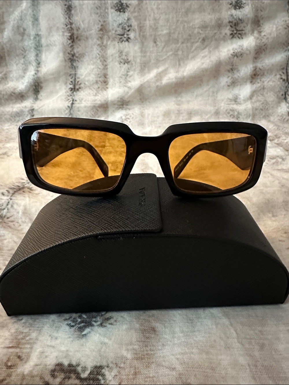 Prada - Black Rectangular Sunglasses with Amber Lenses